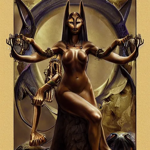 Prompt: realistic detailed face portrait and fully body poses of anubis in the underworld by emilia dziubak, will terry, greg olsen, chris mars, ann long, and mark brooks, fairytale, art nouveau, victorian, neo - gothic, character concept design, smooth, extremely sharp detail, finely tuned detail, story book design, storybook layout