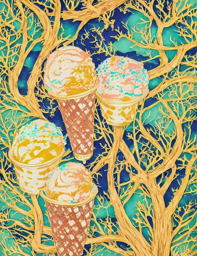 Image similar to spirit of ice cream lost in a forest. this gouache and gold leaf work by the award - winning mangaka has a beautiful composition and intricate details.