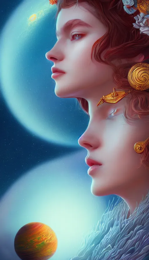 Image similar to a beautiful goddesses, profile, planets, sky, dream, highly detailed, digital painting, refreshing, trending on artstation, octane render, hyper realistic, illustration by james jean