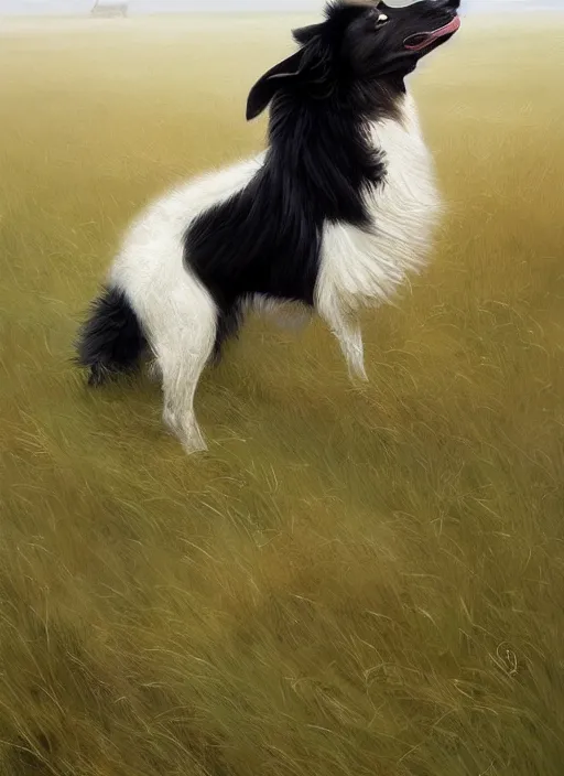 Image similar to wide shot painting of a border collie kissing a sheep in a pasture, beautiful, intricate, elegant, realistic proportions, highly detailed, scenic background, trending on artstation, art by charlie bowater and henry asencio and and ross tran