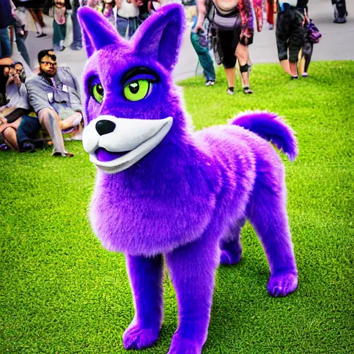 Prompt: Bust photograph at a furry convention of a purple dog fursuit with antennas