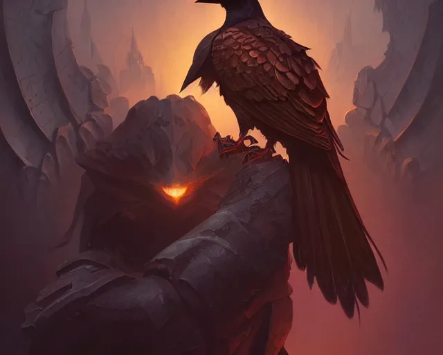 Prompt: dark crow sitting on the shoulder of a dark wizard, deep focus, d & d, fantasy, intricate, elegant, highly detailed, digital painting, artstation, concept art, matte, sharp focus, illustration, hearthstone, art by artgerm and greg rutkowski and alphonse mucha