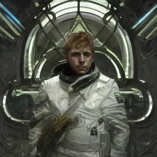 Prompt: A white male of the Gallente race in Eve-Online inside a station of green and silver metal, gorgeous, beautiful, intricate, highly detailed, digital painting, artstation, oppressive lighting, sci-fi concept art, sharp focus, illustration, art by greg rutkowski and alphonse mucha