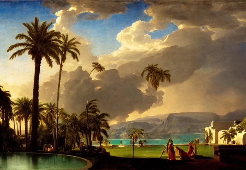 Image similar to The highest palace ever made, thunderstorm, greek pool, beach and palm trees on the background major arcana sky, by paul delaroche, hyperrealistic 4k uhd, award-winning very detailed