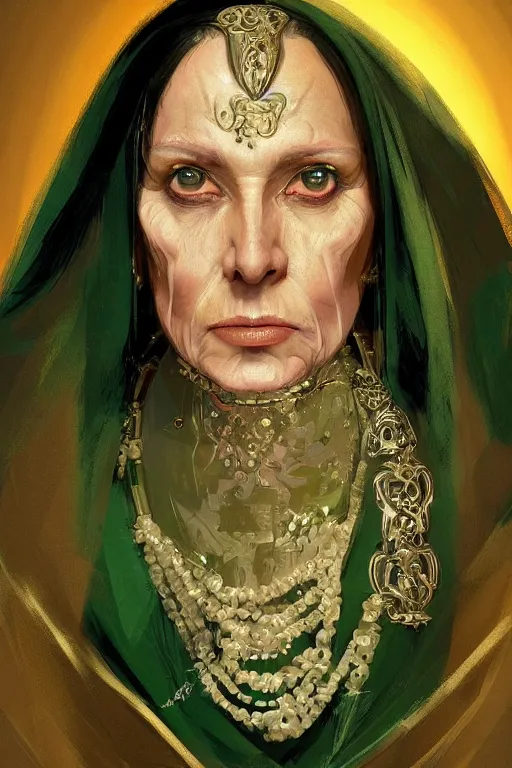 Image similar to portrait, headshot, digital painting, of a 17th century, beautiful, middle aged, middle eastern, wrinkles, decadent, cyborg noble woman, dark hair, amber jewels, baroque, ornate dark green opulent clothing, scifi, futuristic, realistic, hyperdetailed, concept art, dramatic backlighting, golden hour, cinestill, art by syd mead