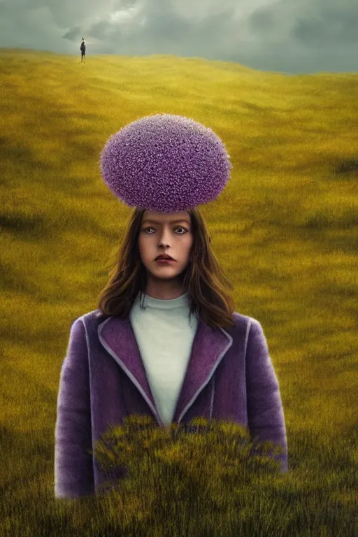 Image similar to portrait, enormous daisy flower head, a girl wearing coat in heather field, surreal photography, wind and cold, dramatic sky, impressionist painting, digital painting, artstation, simon stalenhag