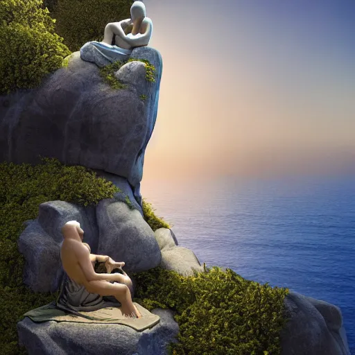 Prompt: a stunning 3 d render of a jesus meditating on a cliff with buddah and socrates on a cliff facing away from the camera watching the sunrise over the ocean, turbulent ocean in the background, intricate, elegant, highly detailed, artstation, ultra sharp focus, octane render, volumetric lighting, in a neoclassical and baroque style