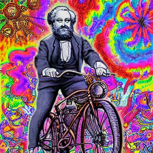 Prompt: karl marx riding albert hoffman's bike, psychedelic art, detailed
