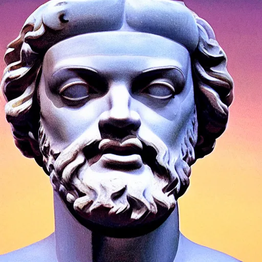 Prompt: statue of socrates wearing a virtual reality headset looking up towards the stars, oil painting