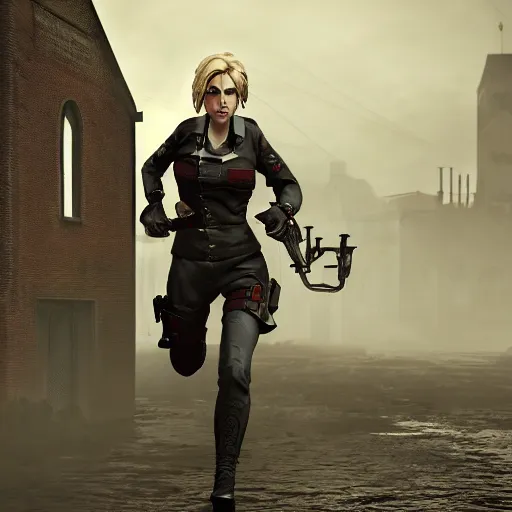 Image similar to annie leonhart in dunwall city wearing recon corps uniform running on a gothic house roof, redshift render, cinematic lighting, rainy weather, melancholy atmosphere, dunwall city, volumetric light, octane render, dishonored game, dishonored 1, gothic architecture, realistic reflections, octane render 8 k