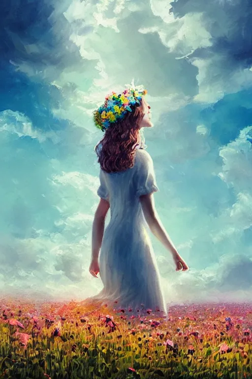 Image similar to giant white flower crown as head, veil girl walking in a flower field, surreal photography, sunrise, dramatic light, impressionist painting, colorful clouds, digital painting, artstation, simon stalenhag