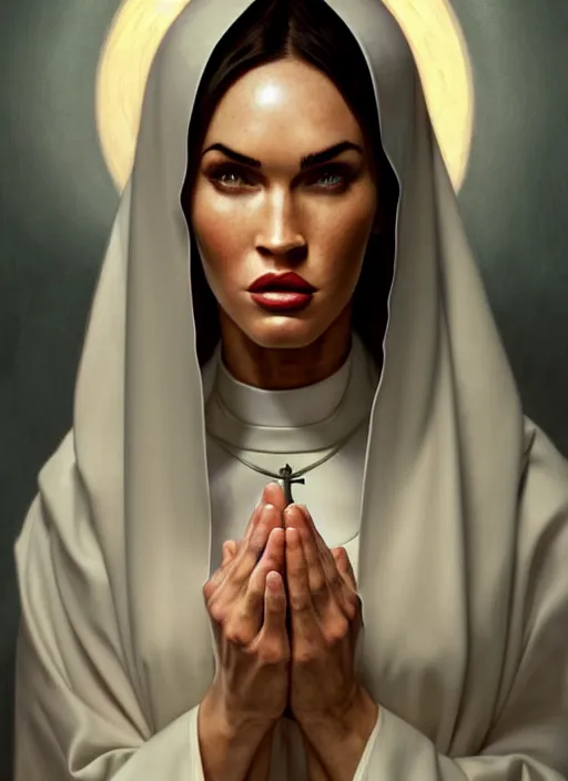 Image similar to portrait of megan fox as a sultry nun, catholic, church, bible, christianism, praying, intrigante, headshot, highly detailed, digital painting, artstation, concept art, sharp focus, cinematic lighting, illustration, art by artgerm and greg rutkowski, alphonse mucha, cgsociety