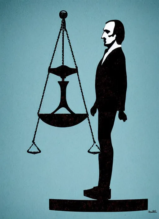 Prompt: Saul Goodman standing on a justice libra, minimalist art, poster, bright colors