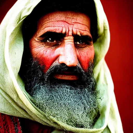 Image similar to portrait of president stavros halkias as afghan man, green eyes and red scarf looking intently, photograph by steve mccurry