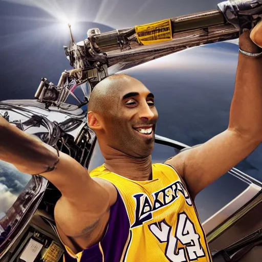 Prompt: A picture of Kobe Bryant sitting in the cockpit of a helicopter and holding a giant marijuana joint, hyper detailed, 8k resolution