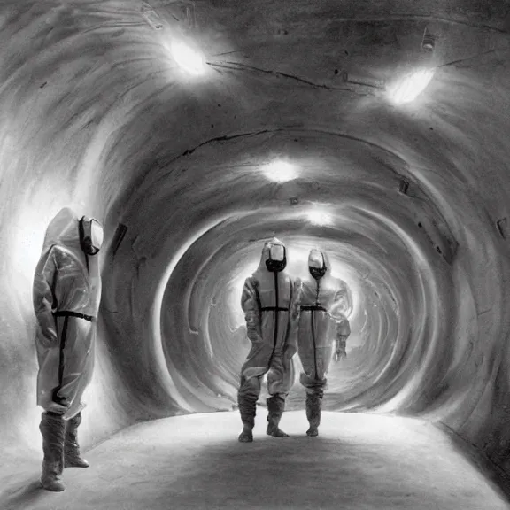 Prompt: two scientists wearing red rick owens hazmat suits in a glowing neon wormhole tunnel by frank frazetta