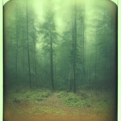 Prompt: you are lost in the forest, polaroid, surrended, foggy