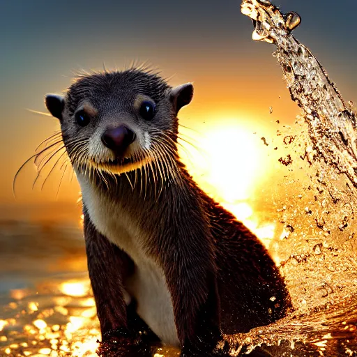 Image similar to a closeup photorealistic photograph of a cute kangaroo - otter hybrid splashing in the surf during sunset. professional capture, well lit shot. this 4 k hd image is trending on artstation, featured on behance, well - rendered, extra crisp, features intricate detail, epic composition and the style of unreal engine.