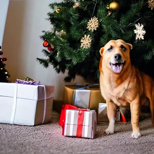 Image similar to A surprised dog getting caught opening Christmas presents