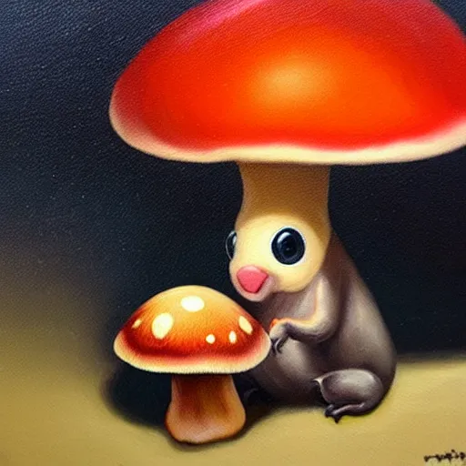 Image similar to a professional oil painting of a cute creature sitting next to a mushroom, detailed, realistic