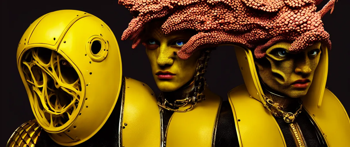 Image similar to hyperrealist highly detailed english medieval portrait of high fashion monster wearing car part yellow cab armor, radiating atomic neon corals, concept art pascal blanche dramatic studio lighting 8k wide angle shallow depth of field