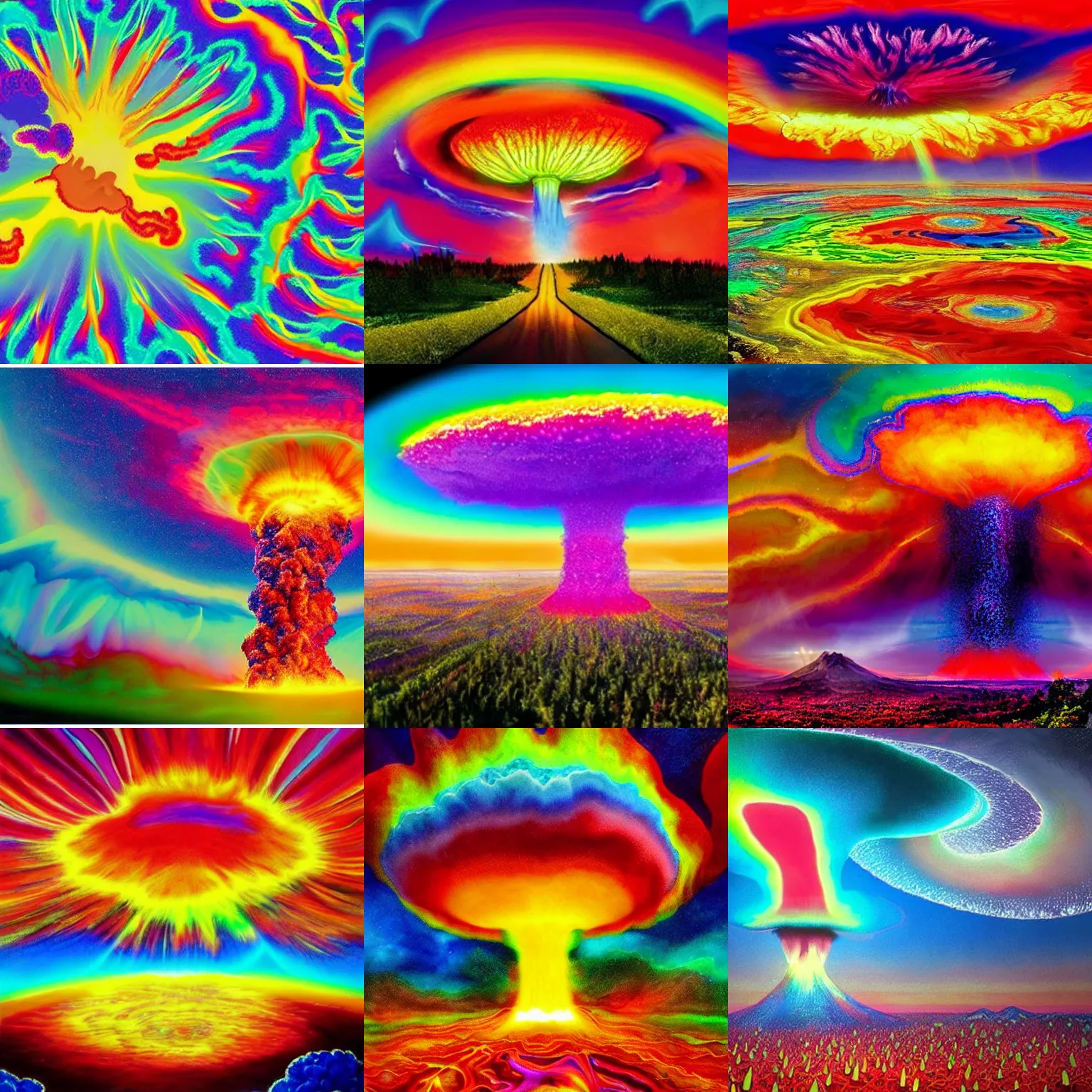 Prompt: A giant, colorful, psychedelic mushroom cloud is billowing in the sky, engulfing everything in its path. The bright colors are mesmerizing and the explosion is so large it's almost overwhelming.