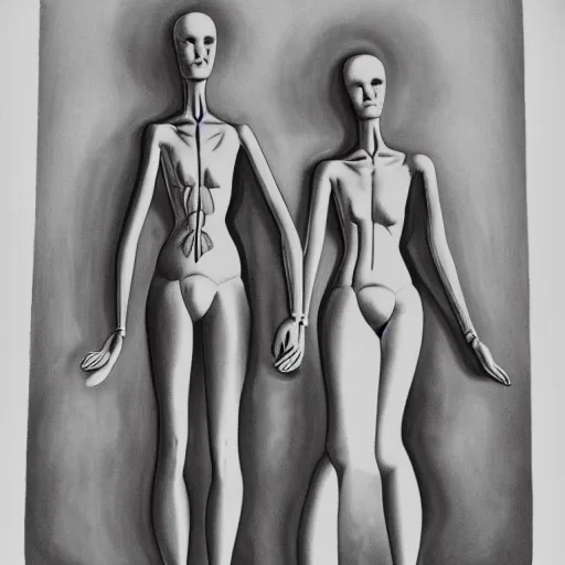 Prompt: escher print of two mannequins walking hand in hand