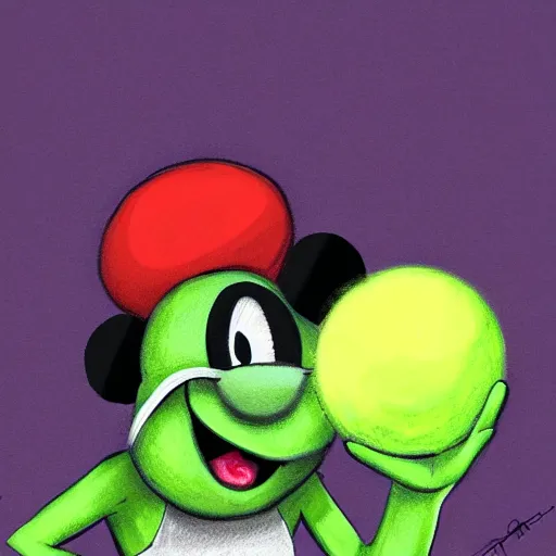 Image similar to a tennis ball monster, tennis ball, dark, chalky, mickey mouse, digital art, fantasy, magic, trending on artstation, ultra detailed, professional illustration by Basil Gogos