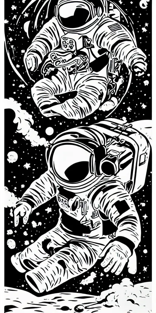 Image similar to mcbess poster in full color, astronaut drifting into a black hole