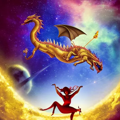 Prompt: Kayla riding a dragon through space