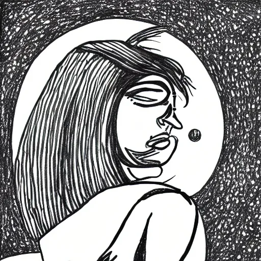 Image similar to a drawing of a woman with half her face, saturn the moon and some stars on top of her head, solid gray colors, black background, line drawing