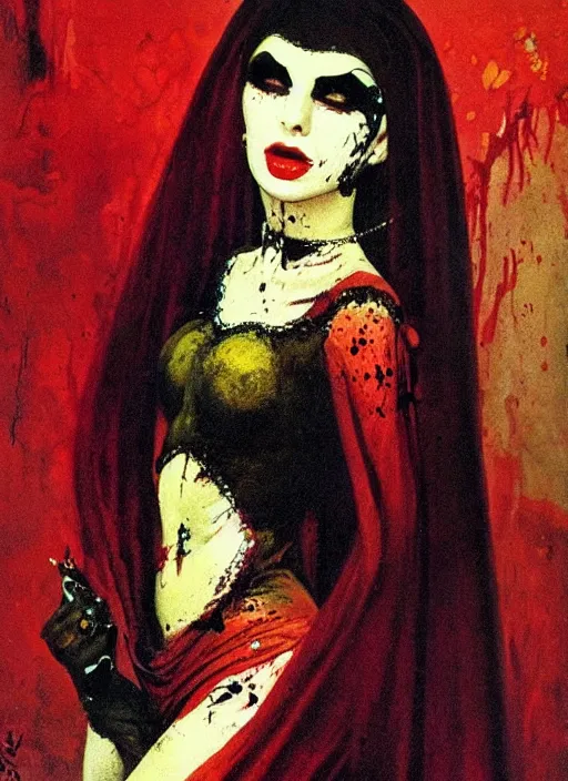 Image similar to portrait of bald iranian vampiress, jeweled veil, strong line, saturated color, beautiful! coherent! by frank frazetta, high contrast, blood splatter background