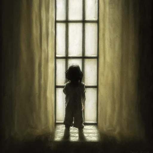 Image similar to Curtain Ghost by Mark Arian, dark, horror, surrealism, horror scene of a child staring outside the window. Screaming for help by Santiago Caruso, Stefan Koidl and Kentaro Miura