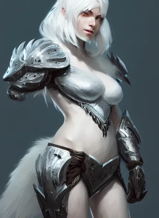 Image similar to fur - lined armor!!! beautiful and elegant white haired female!! gorgeous ayes!! character concept art, sharp focus, octane render! unreal engine 5! highly rendered!! trending on artstation!! detailed linework!! illustration by bussiere rutkowski andreas rocha