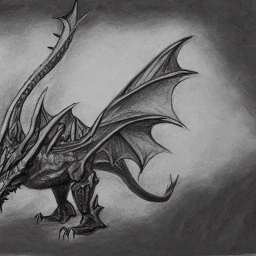 Prompt: Pencil painting of a slain dragon