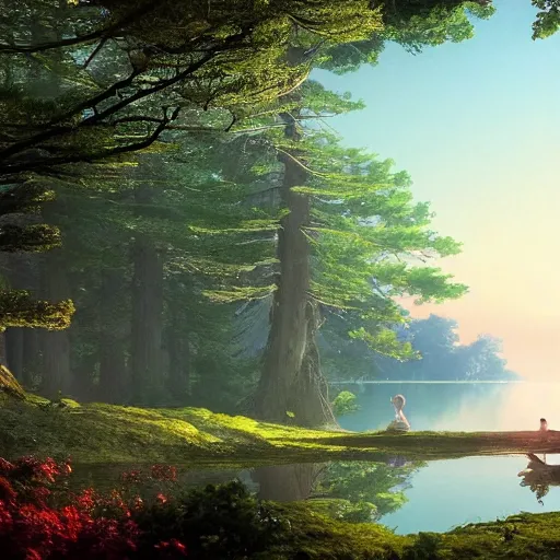 Prompt: a ultra - realistic cg rendering of lake, summer, serene landscape, sunshine ， forest, by ghibli studio and ivan aivazovsky, in volumetric lighting