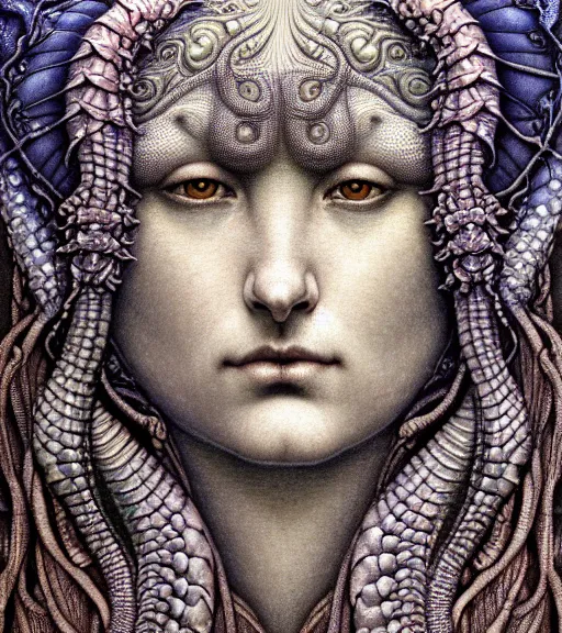 Prompt: detailed realistic beautiful iguana goddess face portrait by jean delville, gustave dore, iris van herpen and marco mazzoni, art forms of nature by ernst haeckel, art nouveau, symbolist, visionary, gothic, neo - gothic, pre - raphaelite, fractal lace, intricate alien botanicals, ai biodiversity, surreality, hyperdetailed ultrasharp octane render