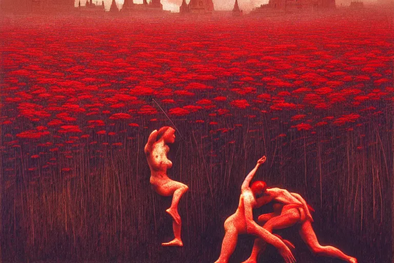 Image similar to only with red, red flowers of different types, a castle in the background, red orcs and trolls dance over the flowers, in the style of beksinski, part by hopper, part by rodcenko, part by hofbauer, intricate composition, red by caravaggio, insanely quality, highly detailed, masterpiece, red light, artstation