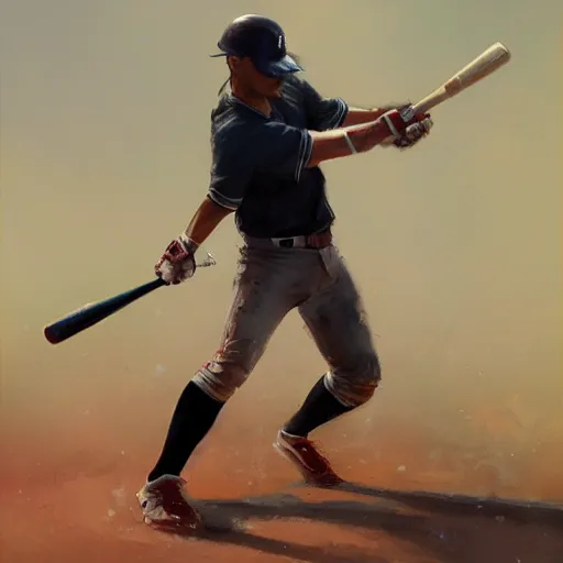 Prompt: baseball player hitting the ball with the baseball bat in the middle of the game and in front of everyone in the stadium, james gurney painting style, greg rutkowski, artstation