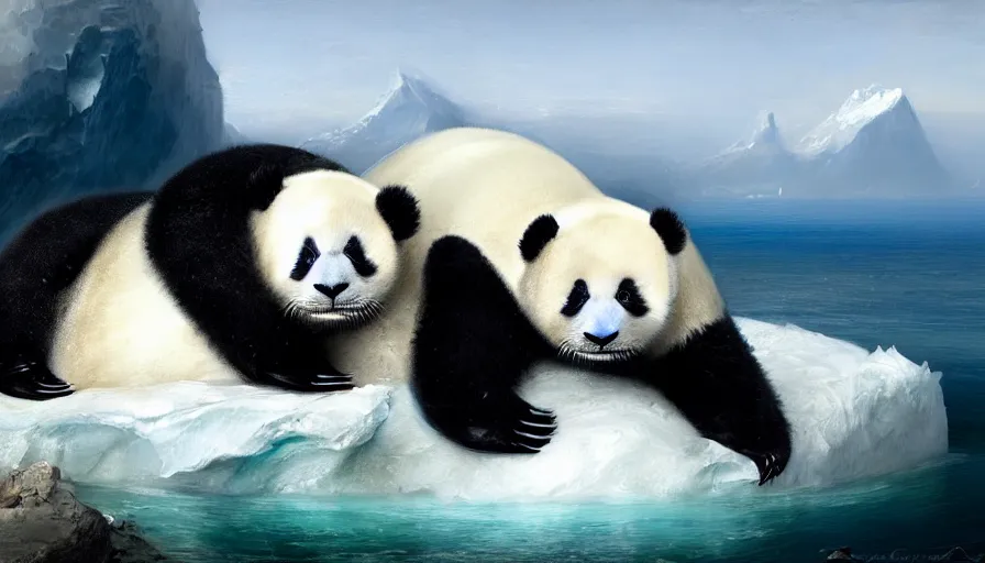 Prompt: highly detailed painting of humanoid creature thats half cute baby white furry seal and half panda on a blue and white iceberg by william turner, by greg rutkowski, by william constable, thick brush strokes and visible paint layers, 4 k resolution