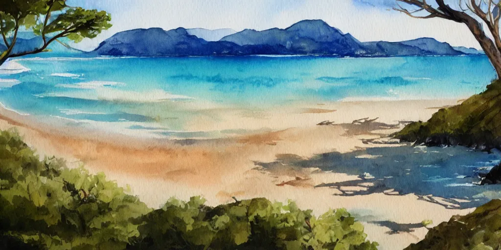 Image similar to golden bay new zealand, abel tasman, colorful watercolor painting, trending on artstation