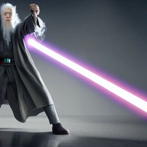 Prompt: gandalf fights darth father with a lightsaber, characters, 4 k render, post - processing