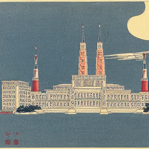 Image similar to moscow state university main building by katsushika hokusai