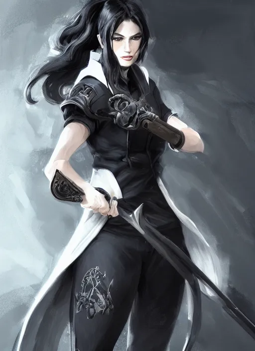 Prompt: a highly detailed illustration of fierce messy ponytail black haired one armed delinquent woman wearing uniform cap wearing long white coat cape, dramatic wielding sword pose, muscular, intricate, elegant, highly detailed, centered, digital painting, artstation, concept art, smooth, sharp focus, league of legends concept art, wlop.