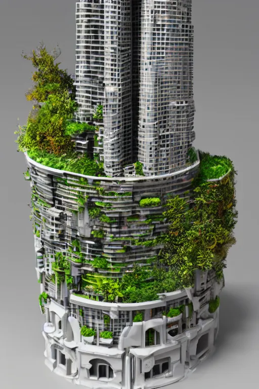 Image similar to 3 d printed physical model organic including more than one city into one vertical building model that sits on a table in a room with a view back with a golden rim details in the base, multiple stories, transparent, with vegetation, colorful, eye - level view, looking straigh ahead, 8 0 k, octane render, highly detailed 3 d render,