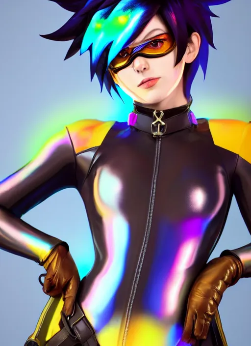 Image similar to portrait bust digital artwork of tracer overwatch, wearing iridescent rainbow latex and leather straps catsuit outfit, 4 k, expressive whistling face, makeup, in style of mark arian, angel wings, wearing detailed leather collar, chains, black leather harness, detailed face and eyes,