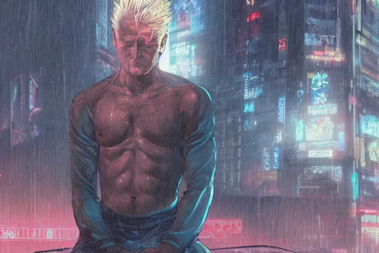 Image similar to roy batty with a bare torso sits in the lotus position with his head bowed in the rain on the roof of a building in the cyberpunk future, around neon signs, a little haze, night, realistic proportions, anime style ghost in armor