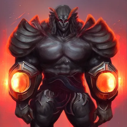 Image similar to a highly detailed character portrait of a muscular man wearing a epic shadow armor with glowing red eyes concept art