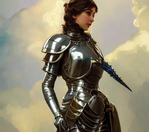 Prompt: photography girl knight armour castle, chrome, deep focus, intricate, elegant, highly detailed, digital painting, artstation, concept art, matte, sharp focus, illustration, art by artgerm and greg rutkowski and alphonse mucha and gil elvgren