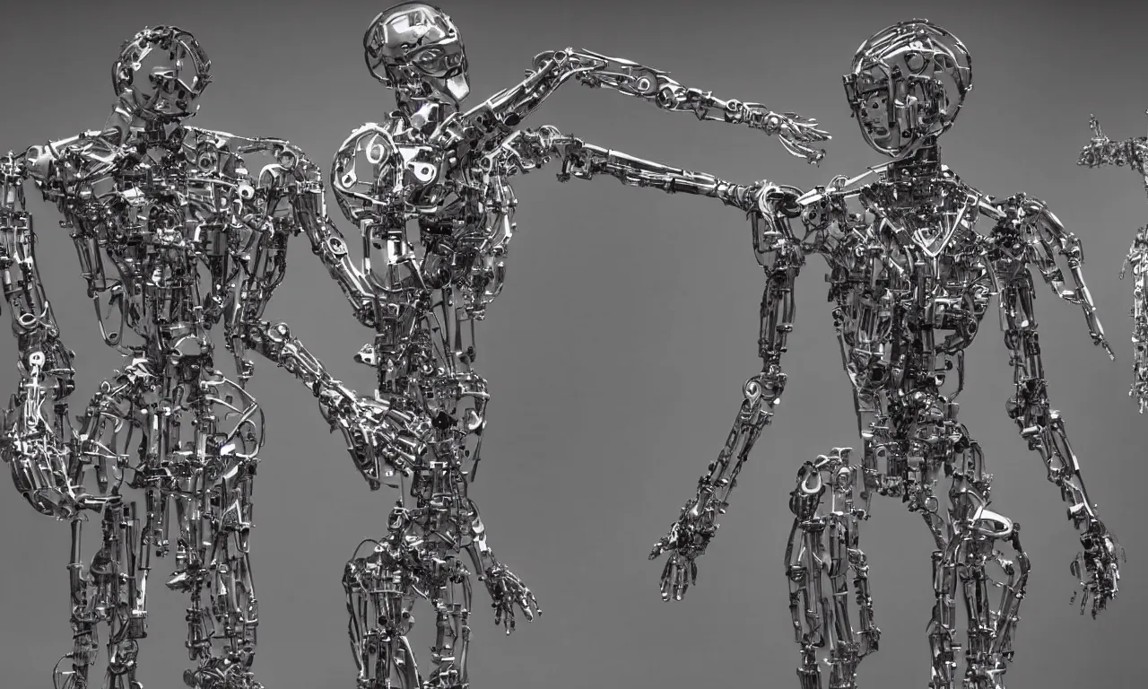 Image similar to a movie with humanoid robots made of intricate metal parts